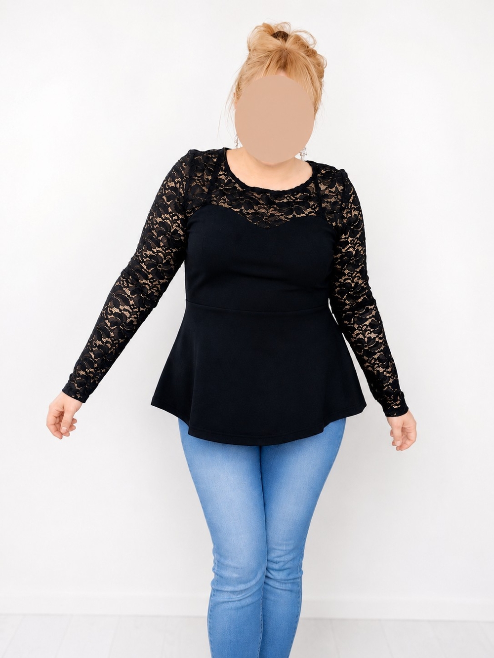 4/$15 Sloane And Sadie Peplum Black Top With Lace Arms And Neck Detail